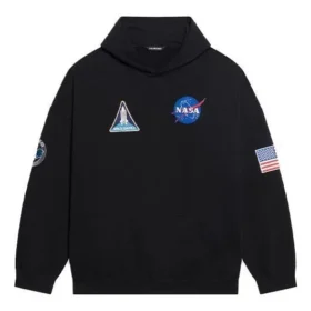 Balenciaga x NASA FW21 para homem, camisola clássica de algodão com capuz, mangas compridas e corte largo, com logótipo cruzado, preta 651799TKVD81070