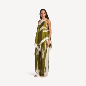 Calças de pijama femininas em sarja de seda com efeito «brush scratch» em cáqui