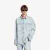 Camisa de Denim de manga comprida para homem em azul claro