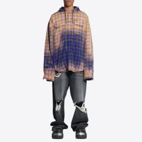 Camisa de manga comprida com capuz xadrez descolorada «Purple Beige» 699223TMM095212