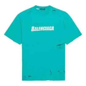 Camisa de manga curta com gola redonda e padrão de letras perfuradas da Balenciaga SS21 para homem, verde 651795TKVB84661 Camisa de manga curta com gola redonda e padrão de letras perfuradas da Balenciaga SS21 para homem, verde 651795TKVB84661