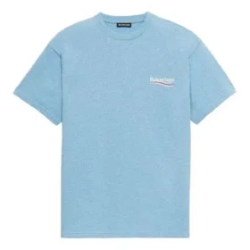 Camisa de manga curta com gola redonda para homem da Balenciaga, com estampado da Political Campaign, azul 570803TBV425840 Camisa de manga curta com gola redonda para homem da Balenciaga, com estampado da Political Campaign, azul 570803TBV425840