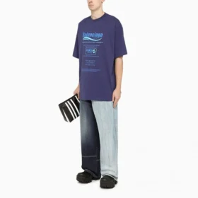 Camisa de manga curta masculina Balenciaga FW21, lavagem a seco, estampado alfabético, malha retro, azul-marinho 651795TKVF83866