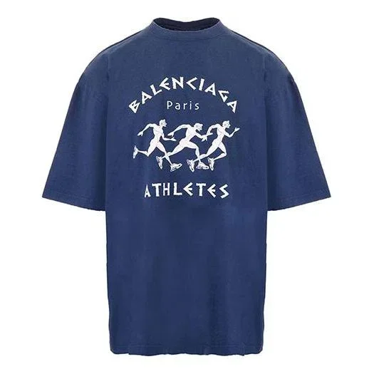 Camisa de manga curta masculina Balenciaga SS21 com padrão de corrida, logótipo estampado e corte largo, azul 641614TJVK64866