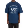 Camisa de manga curta masculina Balenciaga SS21 com padrão de corrida, logótipo estampado e corte largo, azul 641614TJVK64866