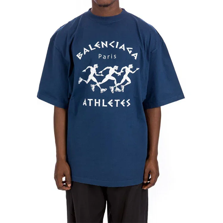 Camisa de manga curta masculina Balenciaga SS21 com padrão de corrida, logótipo estampado e corte largo, azul 641614TJVK64866