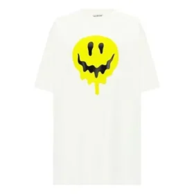 Camiseta Branca de Manga Curta e Corte Largo com Estampa de Rosto Sorridente SS21 641655TKVA18639 Camiseta Branca de Manga Curta e Corte Largo com Estampa de Rosto Sorridente SS21 641655TKVA18639