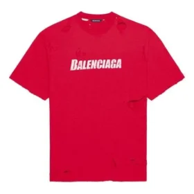 Camiseta masculina Balenciaga com padrão de letras, decote redondo, manga curta e furos, vermelha 651795TKVB86295