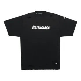 Camiseta masculina Balenciaga SS21 com padrão de letras e furos, gola redonda e manga curta, preta 651795TKVB81070 Camiseta masculina Balenciaga SS21 com padrão de letras e furos, gola redonda e manga curta, preta 651795TKVB81070