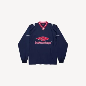 Camisola de futebol 3b para homem, de manga comprida e decote em V, em azul-marinho escuro/vermelho