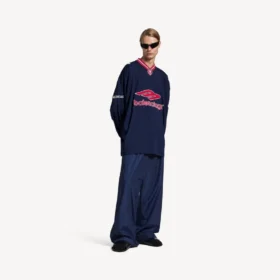 Camisola de futebol 3b para homem, de manga comprida e decote em V, em azul-marinho escuro/vermelho