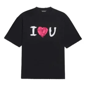 Camisola de manga curta Balenciaga SS21 Love para homem, preta, 612966TJVL51070