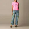 Camisola de manga curta com gola redonda e bordado, cor-de-rosa 612964TJVD95764