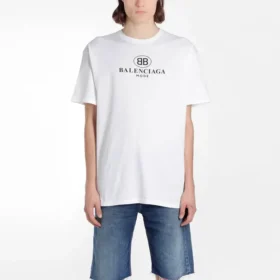 Camisola de manga curta com gola redonda e logótipo Balenciaga estampado para homem, branca 556150TYK239000