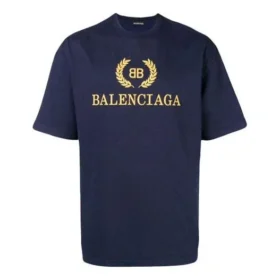 Camisola de manga curta com gola redonda e logótipo Balenciaga para homem, azul-marinho 535622TAV044128