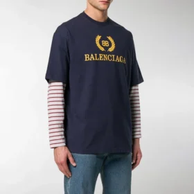 Camisola de manga curta com gola redonda e logótipo Balenciaga para homem, azul-marinho 535622TAV044128