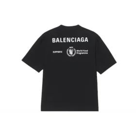 Camisola de manga curta com gola redonda e logótipo estampado Balenciaga x WFP 1.ª geração para homem, preta 612966THV841000 Camisola de manga curta com gola redonda e logótipo estampado Balenciaga x WFP 1.ª geração para homem, preta 612966THV841000