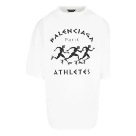 Camisola de manga curta masculina Balenciaga SS21 com padrão de corrida de maratona e logótipo, branca, 641614TJVK69040 Camisola de manga curta masculina Balenciaga SS21 com padrão de corrida de maratona e logótipo, branca, 641614TJVK69040
