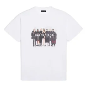 Camisola de manga curta retro masculina Balenciaga com logótipo estampado e retrato da banda, branca 612966TIV479000 Camisola de manga curta retro masculina Balenciaga com logótipo estampado e retrato da banda, branca 612966TIV479000