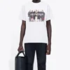 Camisola de manga curta retro masculina Balenciaga com logótipo estampado e retrato da banda, branca 612966TIV479000