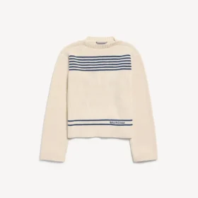 Camisola feminina com decote em barco em azul-marinho/branco