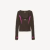 Camisola feminina de manga comprida, estilo «techwear», justa, em castanho cáqui/rosa néon
