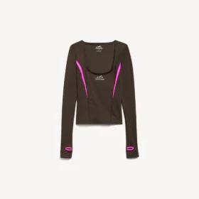 Camisola feminina de manga comprida, estilo «techwear», justa, em castanho cáqui/rosa néon