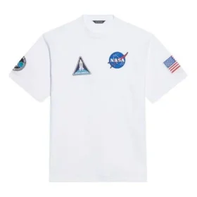 Camisola masculina Balenciaga x NASA Crossover FW21, larga, de gola redonda e manga curta, branca 651795TKVD79040 Camisola masculina Balenciaga x NASA Crossover FW21, larga, de gola redonda e manga curta, branca 651795TKVD79040