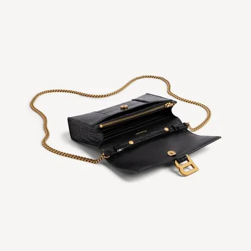 Carteira feminina em forma de Hourglass com corrente, em preto Carteira feminina em forma de Hourglass com corrente, em preto
