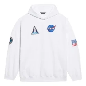 Casaco com capuz clássico de algodão Balenciaga x NASA FW21 Crossover Logo, de corte largo e mangas compridas, branco, para homem, 651799TKVD89040