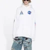 Casaco com capuz clássico de algodão Balenciaga x NASA FW21 Crossover Logo, de corte largo e mangas compridas, branco, para homem, 651799TKVD89040