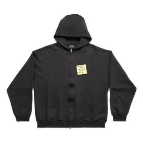 Hoodie com fecho e nota adesiva, corte médio «Preto Desbotado» 744457TOVD31055