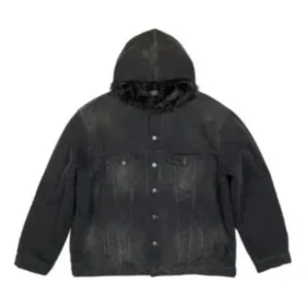 Jaqueta de Denim com capuz e botões com efeito descolorido «Preto» 724653TNW541129