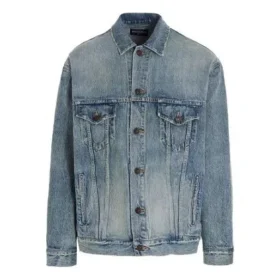 Jaqueta de Denim com estampado do logótipo da faculdade, fundado em 1917, corte largo, «Washed Light Blue» 675207TJW795620