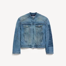 Jaqueta de motoqueiro em denim justinho para homem, em azul escuro