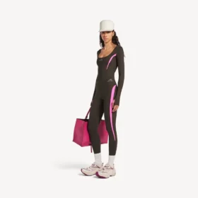 Leggings femininas de estilo «techwear» em castanho cáqui/rosa néon