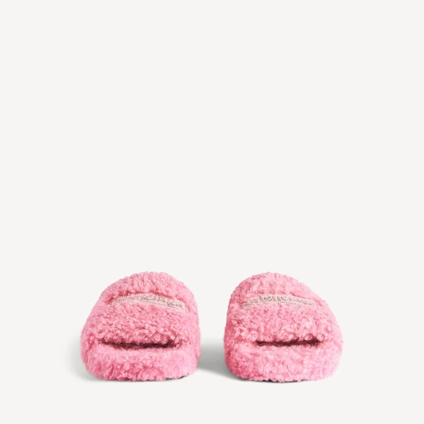Mules aberta com pelo para mulher em rosa suave Mules aberta com pelo para mulher em rosa suave