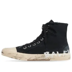 Paris Sneaker de cano alto «Algodão preto desgastado e borracha branca com graffiti» 688752W3RR41099 Paris Sneaker de cano alto «Algodão preto desgastado e borracha branca com graffiti» 688752W3RR41099