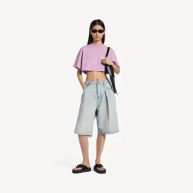T-shirt curta feminina «520 stickers» em rosa antigo/branco