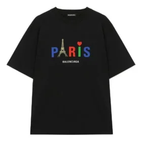 T-shirt de manga curta masculina Balenciaga Paris Love com estampado, espessura normal, preta 594579TGV431000