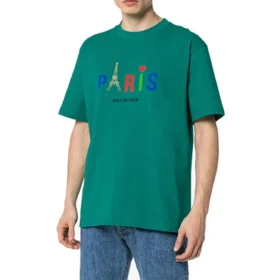 T-shirt masculina Balenciaga Paris Love, corte regular, estampada, manga curta, verde 594579TGV433640